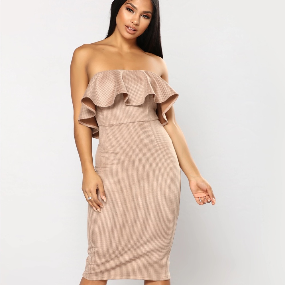 Fashion Nova Money & Power Houndstooth Taupe Dress